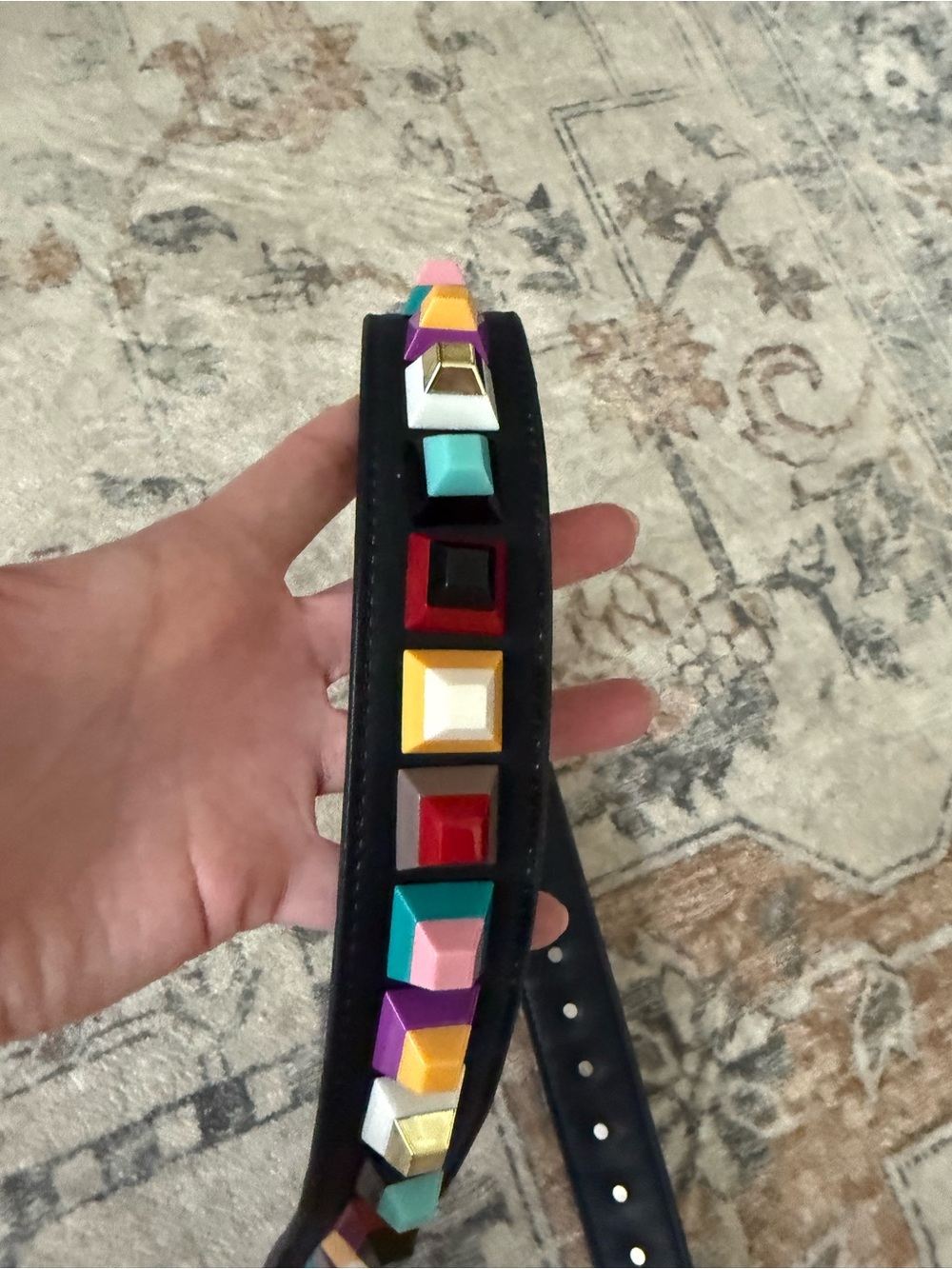 Unbranded Black Leather Bag Strap with Multicolor Pyramid Studs - Picture 3 of 9